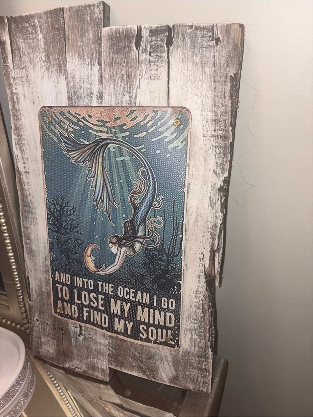 Sea Mermaid Wall Art Sign in Teal and White Mounted on Cape Cod Driftwood